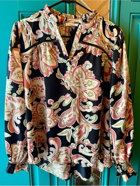 Avara Paisley Ruffle Neck Blouse Sz M Smocked Cuff Lace Trim Top